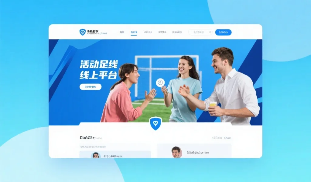 活跃的线上体育娱乐平台界面,用户在安全的环境中互动交流,背景为明亮清新的蓝色调